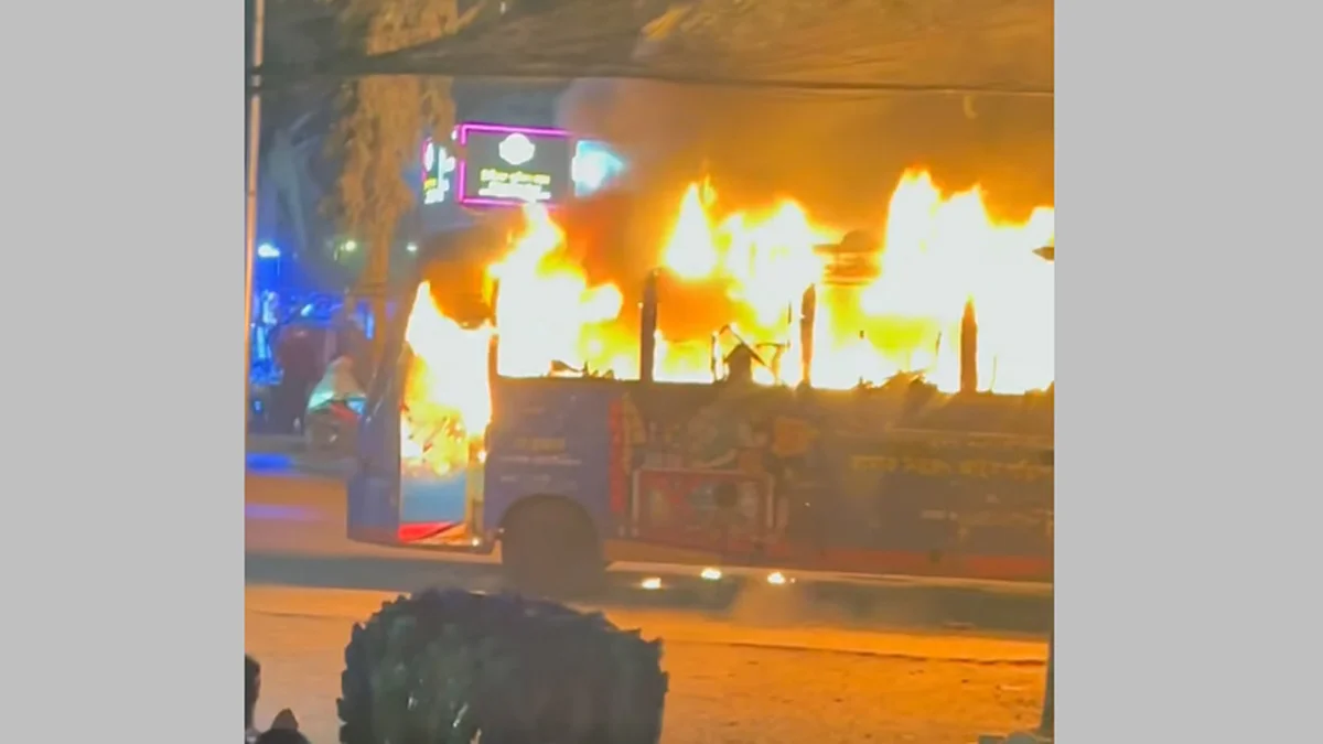 Bus Catches Fire on Badda Link Road in Dhaka