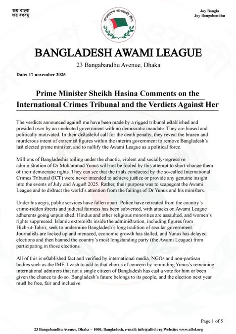 After the Verdict, Sheikh Hasina Issues a Response; Awami League Announces New Program